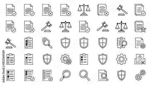 Legal and Justice Line Icon Collection with Gavel Scales of Justice and Verified Documents