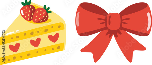 Vector illustration of a slice of strawberry cake and a red bow for festive, sweet, and dessert-themed designs.
