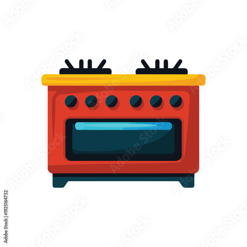 Cooking class poster icon, red gas stove with burners, home chef event branding, family kitchen skills session, culinary training vector