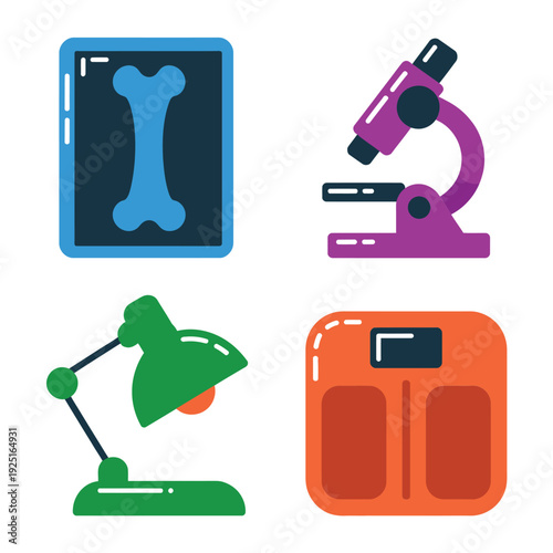 Science classroom equipment set, x ray film, research microscope, green desk lamp, lab incubator, STEM fair poster, education session vector