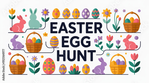 Colorful easter egg hunt graphic with bunnies baskets flowers and decorated eggs on white background