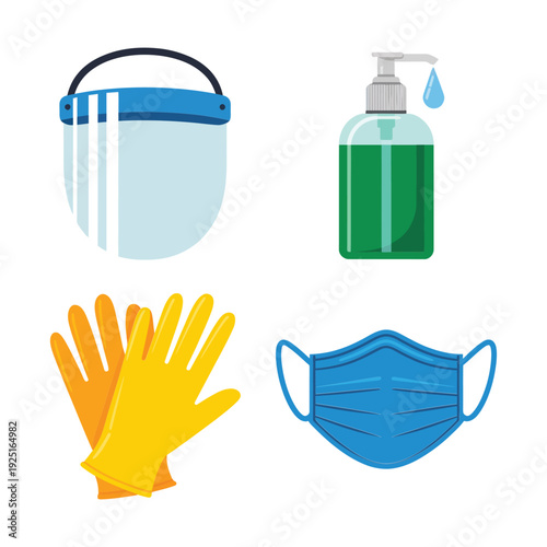 Ppe kit icons with face shield, sanitizer dispenser, surgical masks, protective gloves for workplace training, clinic instruction, hygiene awareness design