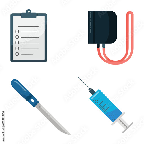 Surgical tools vector set with clipboard, blood pressure cuff, scalpel, injection syringe for hospital training, procedure guide, medical education design