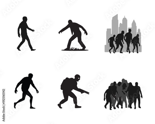 Zombie silhouette icon set. Walking dead, infected crowd and horror apocalypse characters. Solid black vector pack.