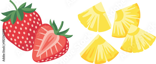 Vector illustration of fresh strawberries and pineapple slices for healthy food and tropical fruit designs.