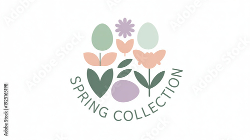 Spring collection logo with colorful flowers and eggs on white background