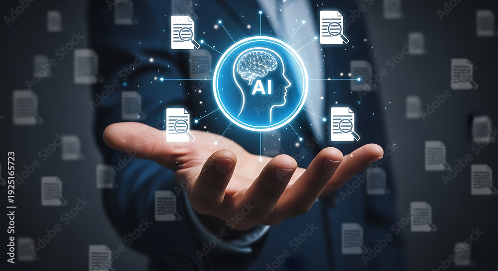 Fototapeta premium Human hand holding glowing artificial intelligence brain icon surrounded by digital document scanning symbols