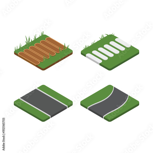 Isometric park path and sidewalk tile set with grass edges for city map, urban landscape planning, outdoor game environment design