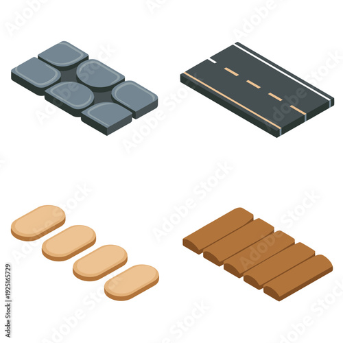 Isometric garden stepping stone and wooden bridge tile set for park path design, backyard landscape planning, outdoor game map asset