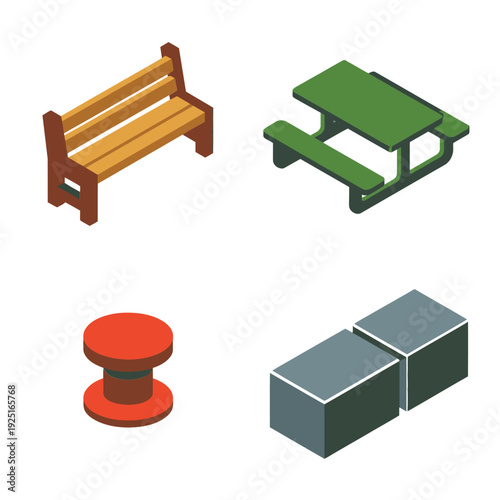 Isometric public park elements with wooden bench, green picnic table, bollard seat and concrete cubes for urban recreation area design