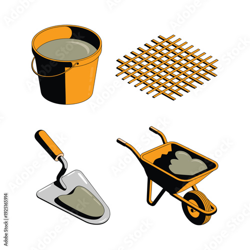 Cement bucket, masonry trowel, wheelbarrow and steel mesh, concrete work tool vector for house renovation, construction training course poster design