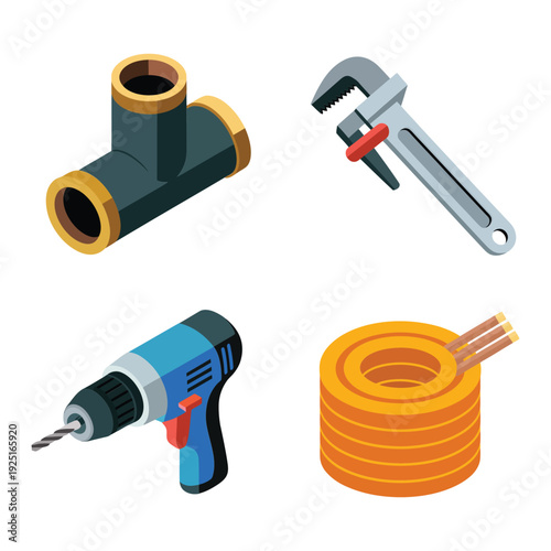 Plumbing and electrical equipment set with pipe fitting, adjustable wrench, power drill and cable coil, repair service vector illustration design