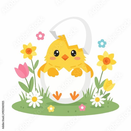 A cute yellow chick hatching from an egg in a spring garden with colorful flowers, symbolizing new life and joy.