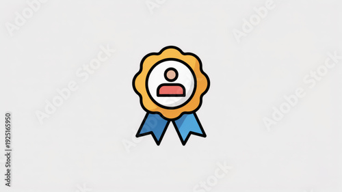 Vector illustration of a shocked face medal icon with blue ribbons on a white background symbolizing surprise and achievement in a cartoon style