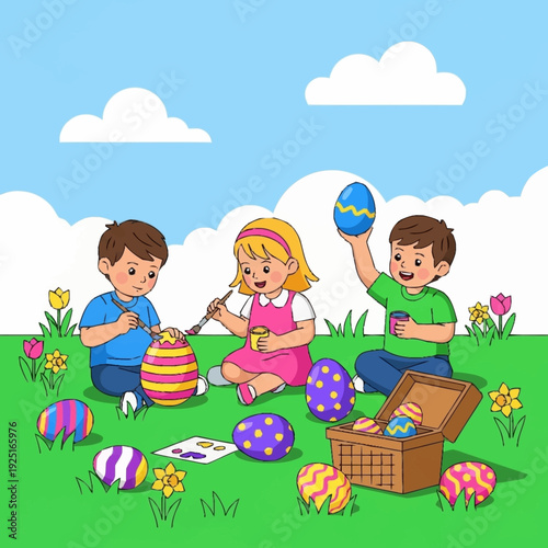 Three happy children decorating colorful Easter eggs outdoors on green grass under a blue sky, enjoying a festive spring activity.