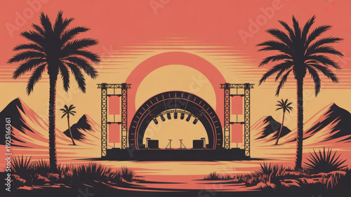 Vector illustration of a desert outdoor concert stage at sunset with palm trees and mountains