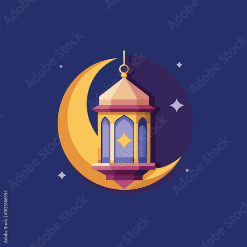 A colorful illustration of a lantern hanging from a crescent moon