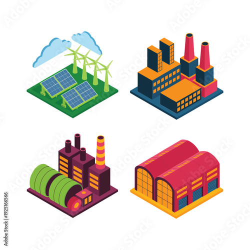 Isometric green energy industrial park with wind turbines, factory plant, chimneys, eco landscape, sustainable manufacturing illustration for infographics and presentations