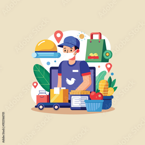 A food delivery worker with a mask and a cart full of groceries and food