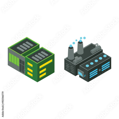 Data center and power plant isometric icons with cooling vents, server modules, chimneys and pipelines, industrial infrastructure graphics for dashboards