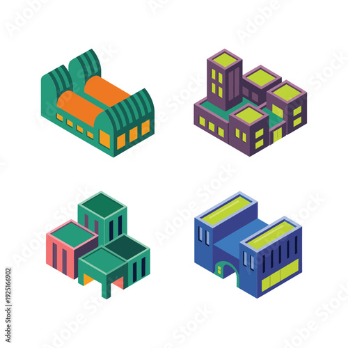 Factory group variations, compact plants and modular offices, infrastructure investment forum, site evaluation session graphics, urban industry development vector