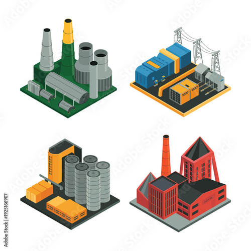 Power plant complex icons with chimneys and substations, energy forum poster, safety drill session, environmental compliance briefing, utilities engineering vector