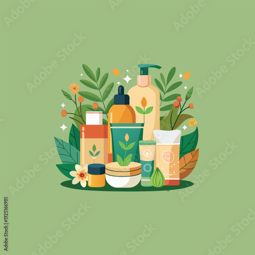 A colorful illustration of natural skincare products with plants and flowers