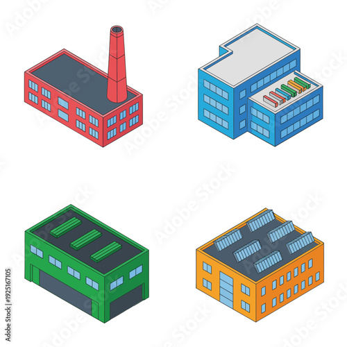 Isometric industrial factory buildings vector set with brick plant, warehouse, lumber yard for city builder map, logistics expo, planning design