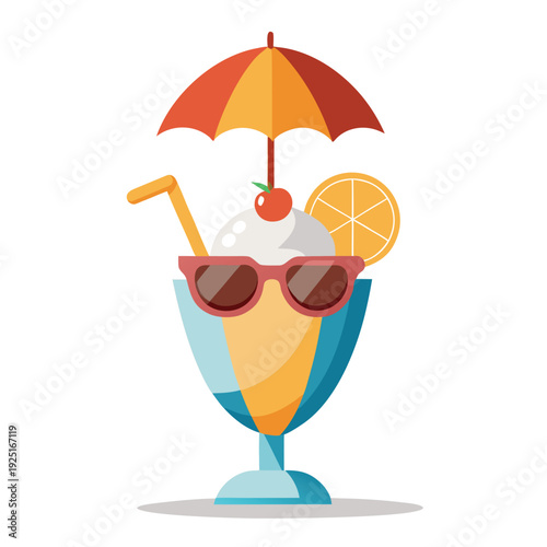 Illustration of a refreshing fruity cocktail with umbrella and ice on a sunny beach