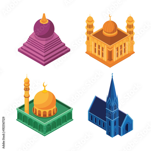 Global sacred architecture vector icons with mosque dome, gothic chapel, pagoda spire, tiered stupa for culture festival, world heritage design