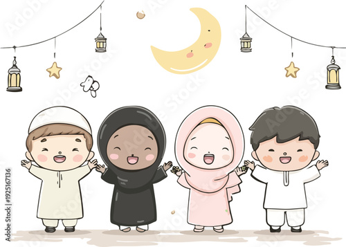 Children playing happily in the park with toys and a ball cartoon illustration of family and kids having fun