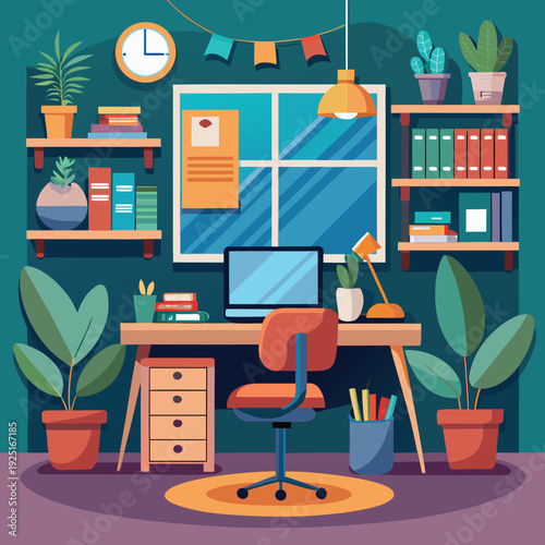 A colorful and organized home office with a desk and chair