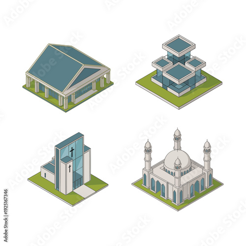 World temple vector set with domed mosque, modern shrine, gateway, tiered pagoda for travel poster, culture festival, architecture education design