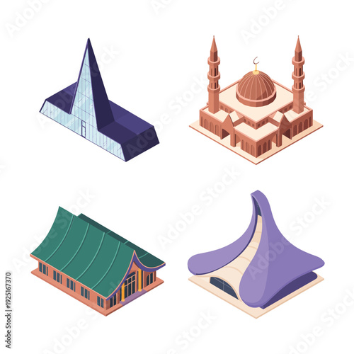 Isometric sacred architecture set with modern spire, domed shrine, arched mosque, curved pavilion for heritage festival, pilgrimage tourism, culture design