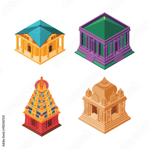 Hindu temple complex icons with gopuram tower, sanctum shrine, ornate mandapa for Navratri festival poster, wedding invitation, pilgrimage tourism design