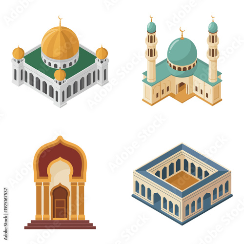 Islamic mosque collection with domes and minarets, courtyard colonnade, arched gateway for Ramadan event, Eid festival poster, pilgrimage tourism design