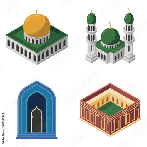 Islamic landmark icons with golden dome mosque, twin minarets, iwan gateway, arcaded courtyard for Eid prayer poster, pilgrimage travel design