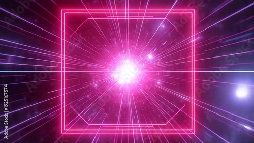 Glowing pink neon square frame with bright central light burst on dark background