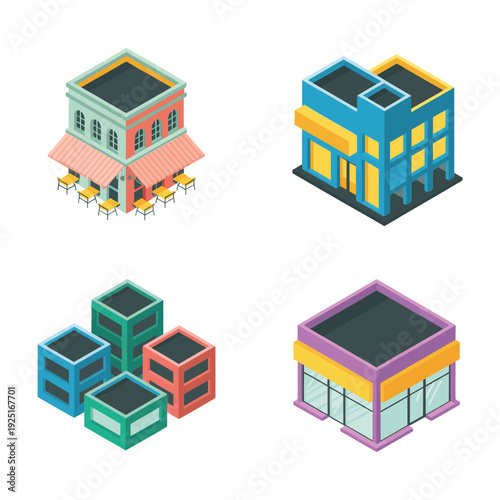 Isometric street shop and restaurant building set for city map, retail business infographic, delivery service app, tycoon game design
