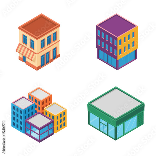 Isometric downtown commercial building collection for modern city skyline, real estate infographic, business district illustration, urban simulation game design