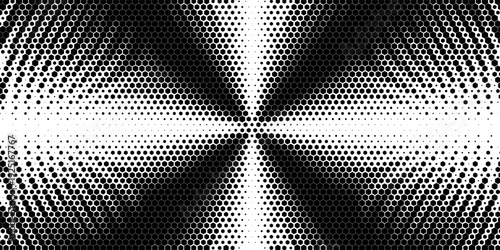 Hexagon halftone gradient texture. Abstract black grunge background. Geometric retro halftone tech overlay. Fading wavy hexagonal pattern backdrop. Vector vanishing honeycomb grunge bitmap wallpaper