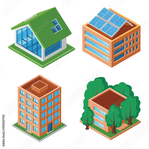 Isometric eco house and office building set with solar roofs and trees for green city planning, real estate game design