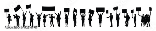 Crowd of people at protest march black silhouettes set vector illustration collection.