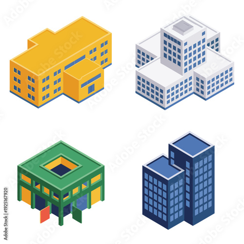 Mixed use development icons with atrium office block, research campus, courtyard mall, tower for property expo, regeneration workshop, planning design