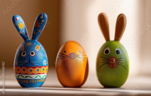 Three handcrafted wooden figurines of easter bunny eggs in blue, orange, and green with folk art patterns and cartoon faces displayed on a surface. Warm rustic decor for festive holiday concepts.