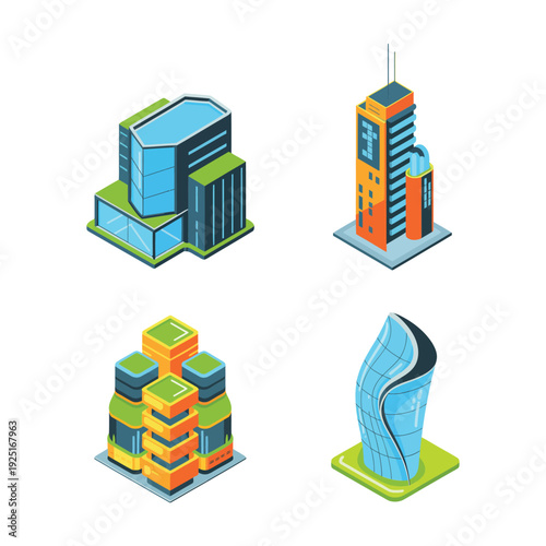 Futuristic skyscraper icons with tiered tower, stacked podium, twisting glass spire for smart city summit, innovation expo, skyline illustration design