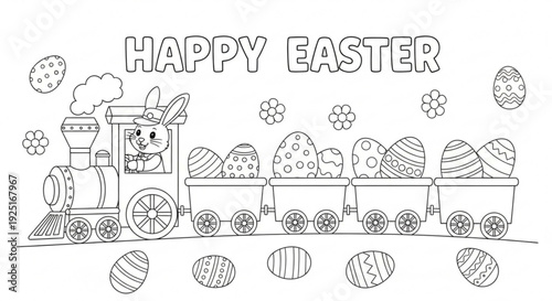 Easter train with bunny and decorated eggs on tracks surrounded by flowers and eggs
