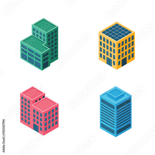 Colorful apartment block icons set for housing fair, student residence brochure, rental listing, neighborhood planning, urban development campaign, architecture design