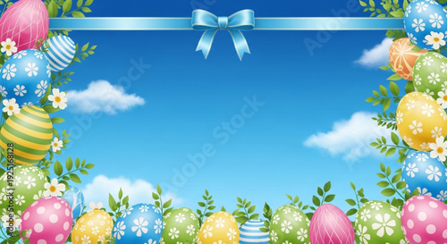 Colorful easter eggs with flowers and blue ribbon on a sunny sky background for spring greeting cards