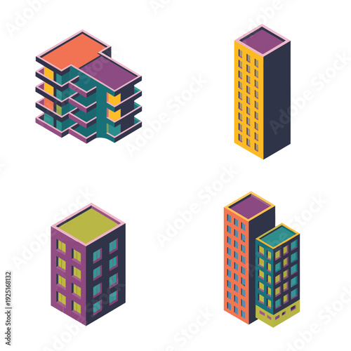 Isometric institutional buildings with university campus, hospital complex and office tower, civic architecture vector for town masterplan and government brochure